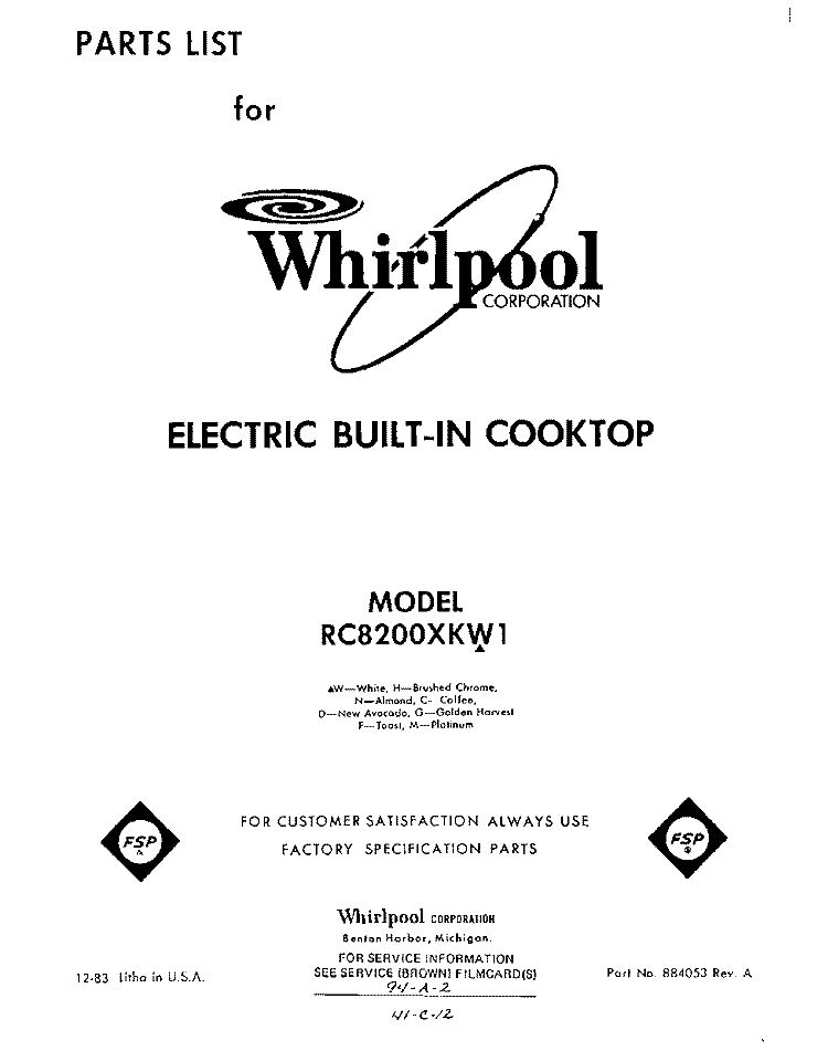 SECTION Diagram and Parts List for RC8200XKW1  Whirlpool Cooktop