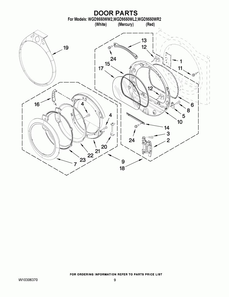 DOOR PARTS Diagram and Parts List for WGD9550WL2  Whirlpool Dryer