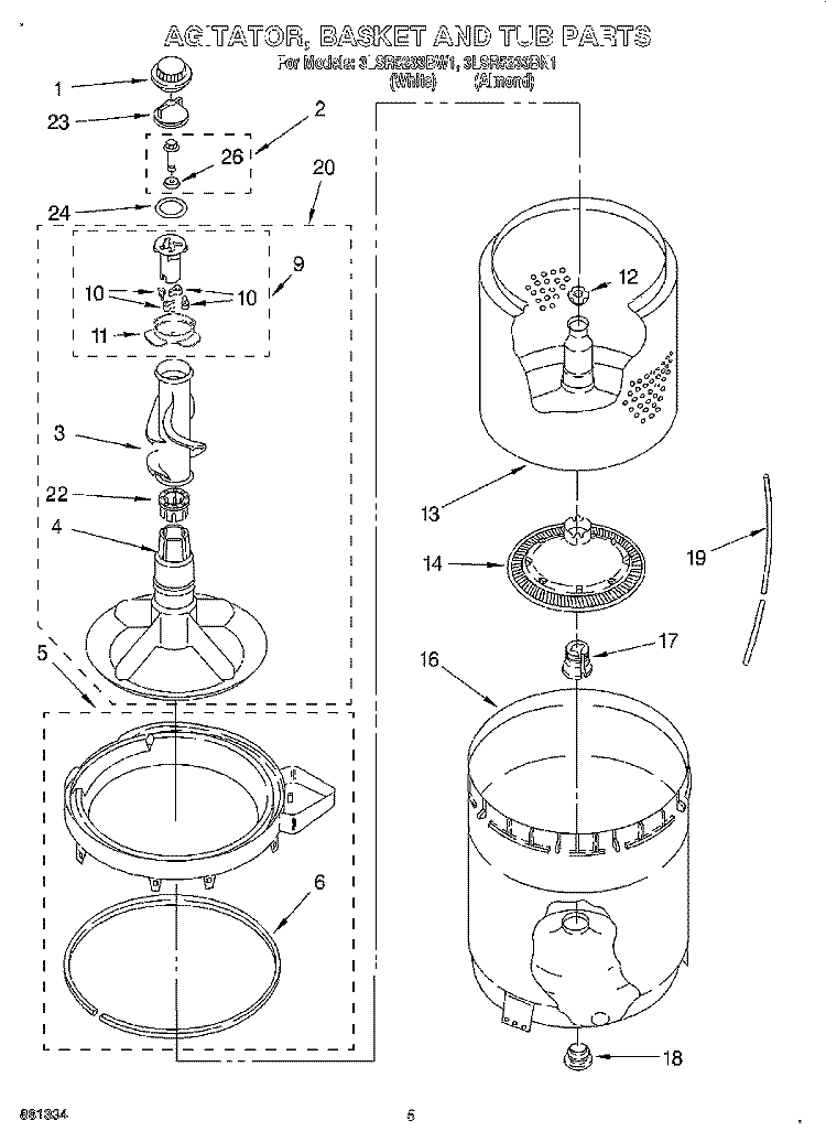 AGITATOR, BASKET AND TUB Diagram and Parts List for 3LSR5233BN1  Whirlpool Washer