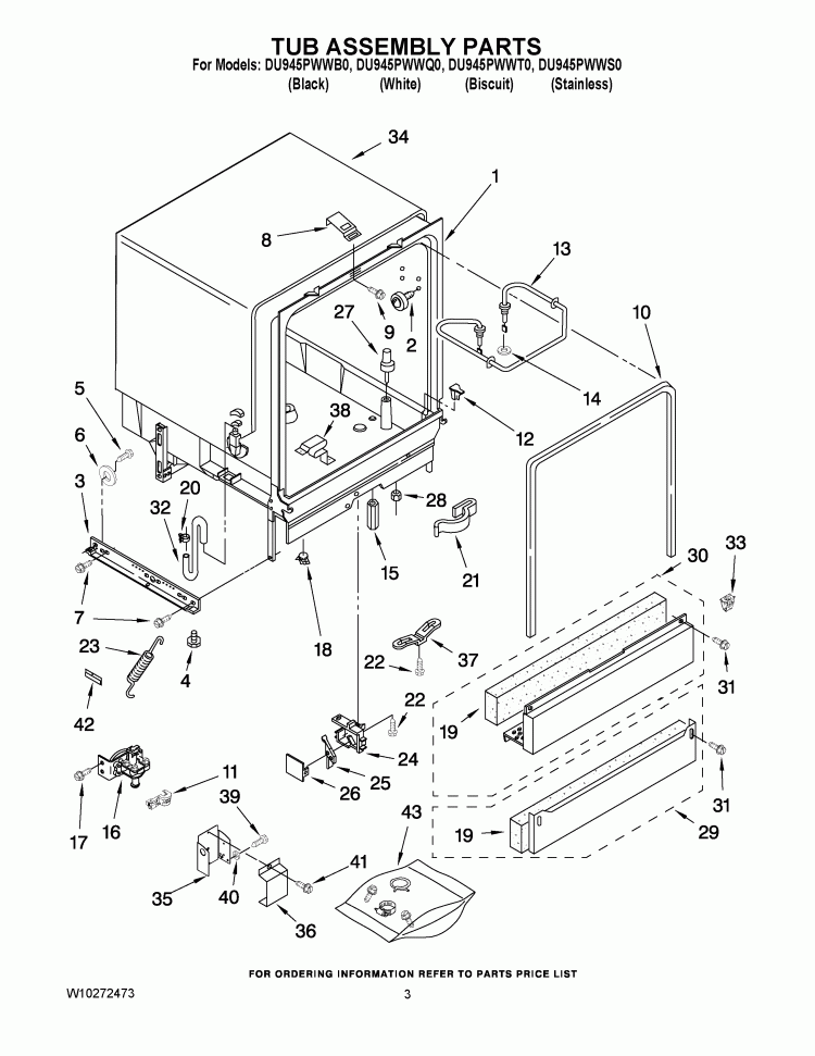 TUB ASSEMBLY PARTS Diagram and Parts List for DU945PWWQ0  Whirlpool Dishwasher