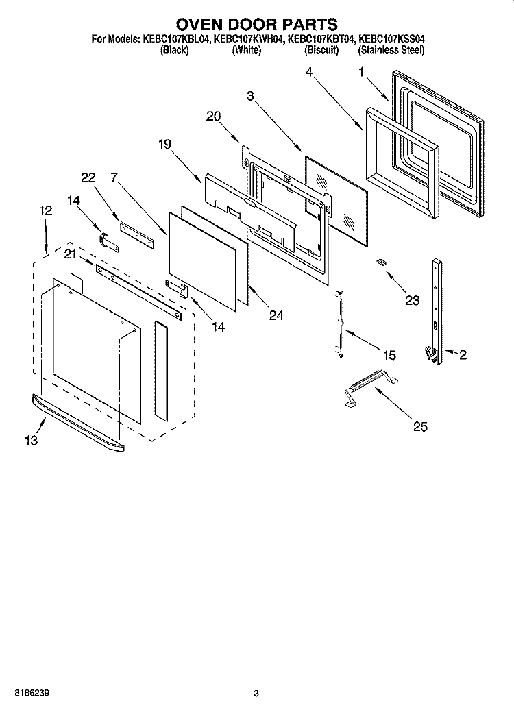 OVEN DOOR PARTS Diagram and Parts List for KEBC107KBL04  KitchenAid Wall Oven