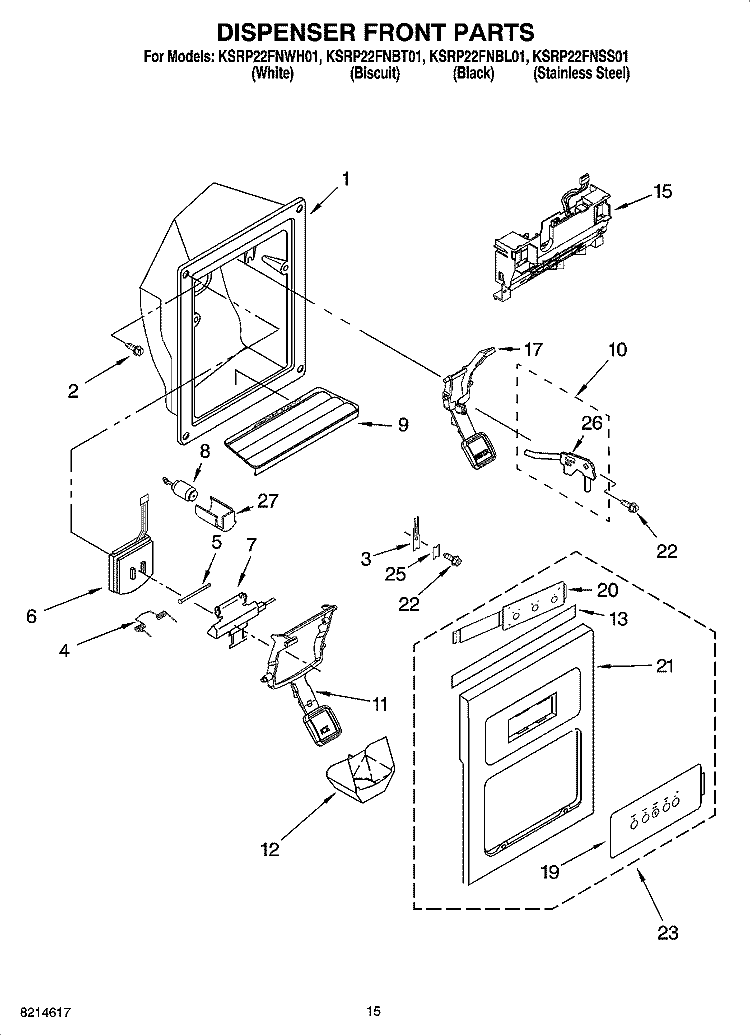 DISPENSER FRONT PARTS Diagram and Parts List for KSRP22FNBL01  KitchenAid Refrigerator