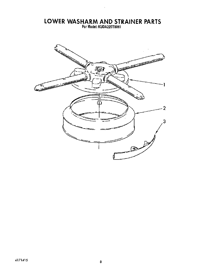 LOWER WASHARM AND STRAINER Diagram and Parts List for KUDA220TWH1  KitchenAid Dishwasher