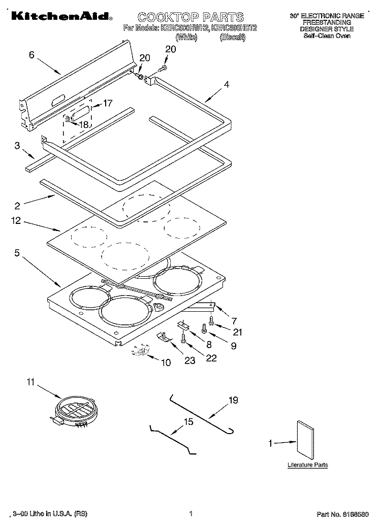 COOKTOP, LITERATURE Diagram and Parts List for KERC500HWH2  KitchenAid Range