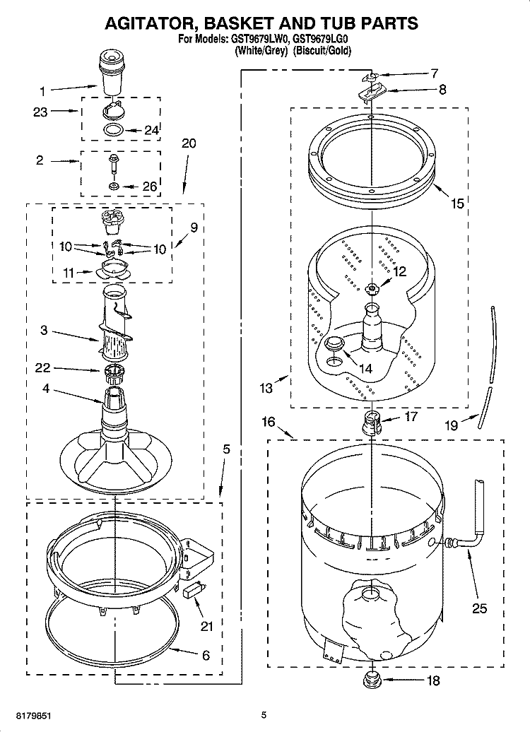 AGITATOR, BASKET AND TUB PARTS Diagram and Parts List for GST9679LW0  Whirlpool Washer