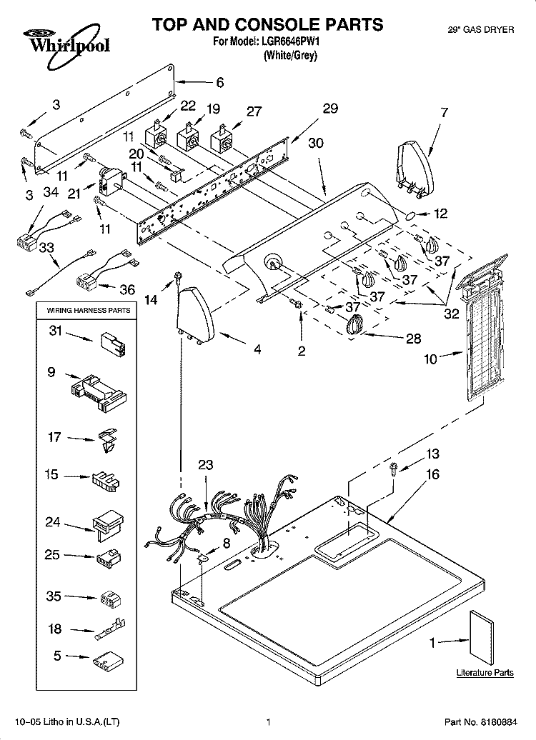 TOP AND CONSOLE PARTS Diagram and Parts List for LGR6646PW1  Whirlpool Dryer