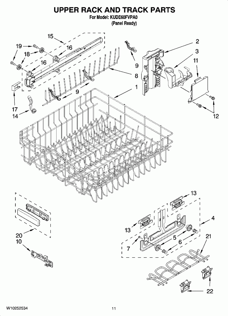 UPPER RACK AND TRACK PARTS Diagram and Parts List for KUDE60FVPA0  KitchenAid Dishwasher