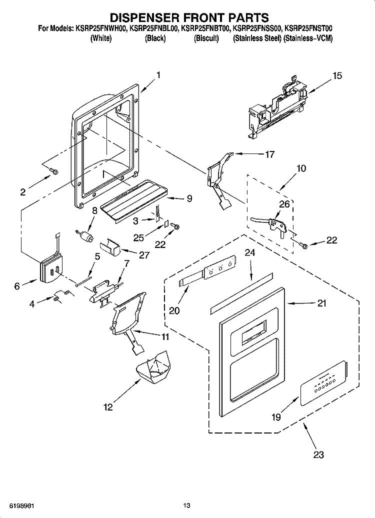 DISPENSER FRONT PARTS Diagram and Parts List for KSRP25FNBT00  KitchenAid Refrigerator