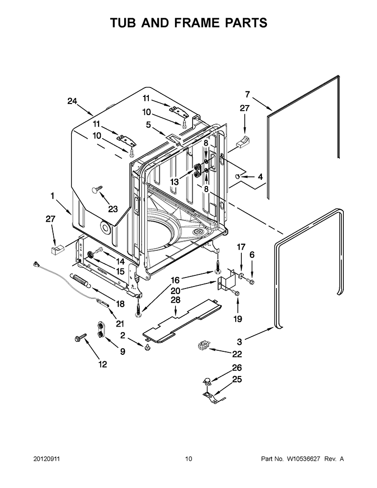 TUB AND FRAME PARTS Diagram and Parts List for KUDC10FBBL0  KitchenAid Dishwasher