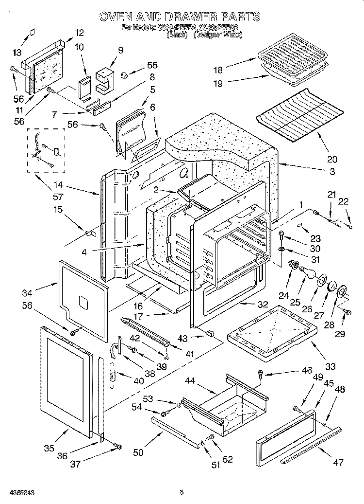 OVEN AND DRAWER Diagram and Parts List for SS385PEEQ2  Whirlpool Range