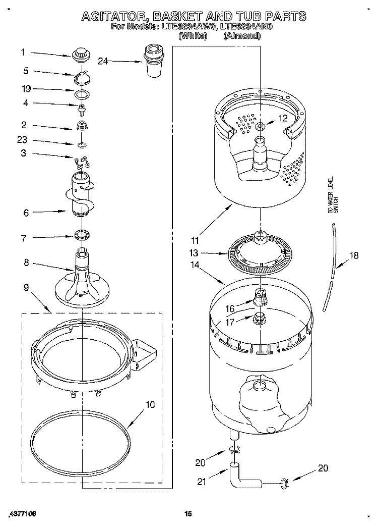 AGITATOR, BASKET AND TUB Diagram and Parts List for LTE6234AN0  Whirlpool Washer Dryer Combo