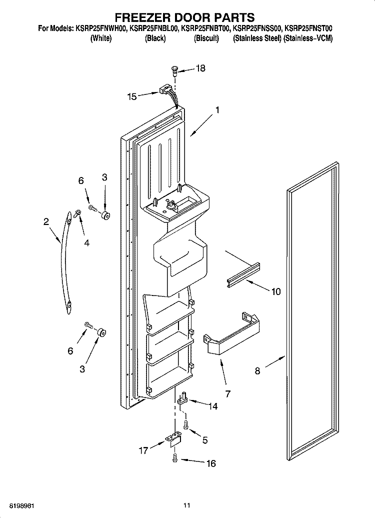 FREEZER DOOR PARTS Diagram and Parts List for KSRP25FNBT00  KitchenAid Refrigerator