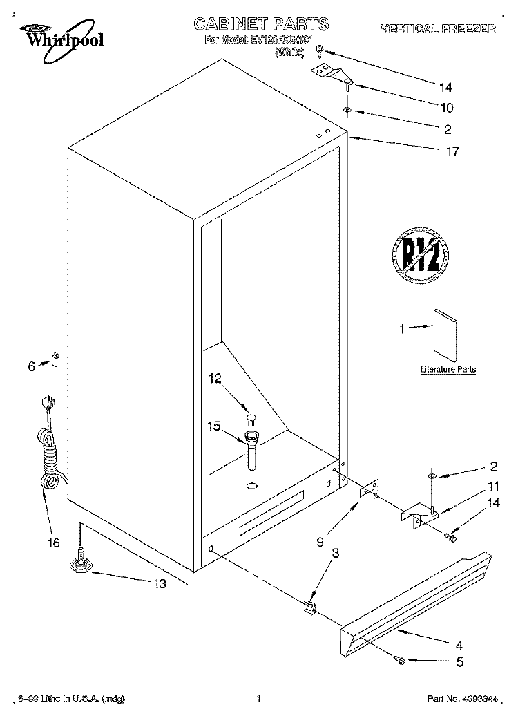 CABINET, LITERATURE Diagram and Parts List for EV120FXGW01  Whirlpool Freezer