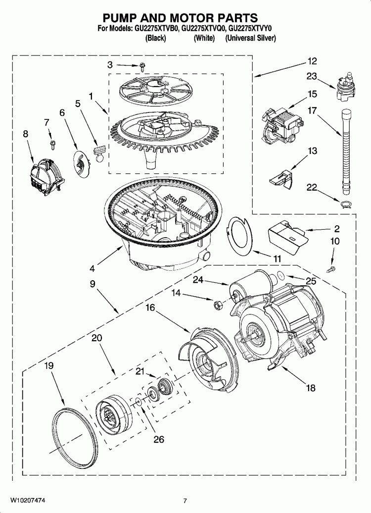 PUMP AND MOTOR PARTS Diagram and Parts List for GU2275XTVQ0  Whirlpool Dishwasher