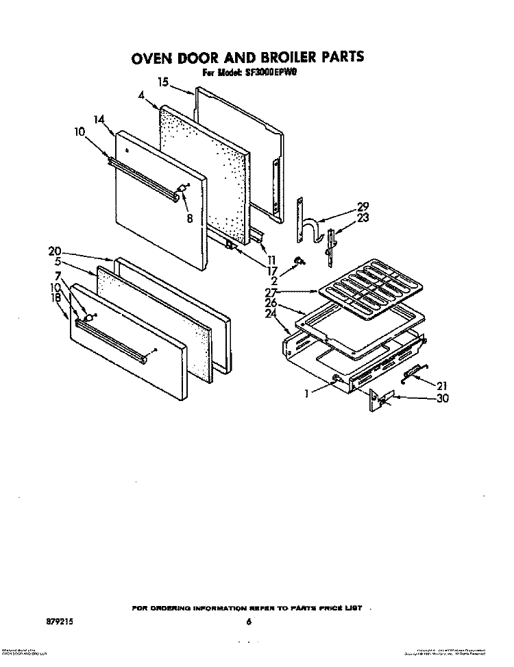 OVEN DOOR AND BROILER Diagram and Parts List for SF3000EPW0  Whirlpool Range