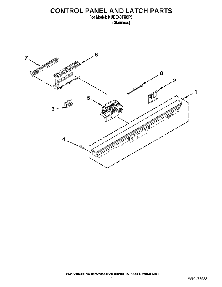 CONTROL PANEL AND LATCH PARTS Diagram and Parts List for KUDE40FXSP5  KitchenAid Dishwasher
