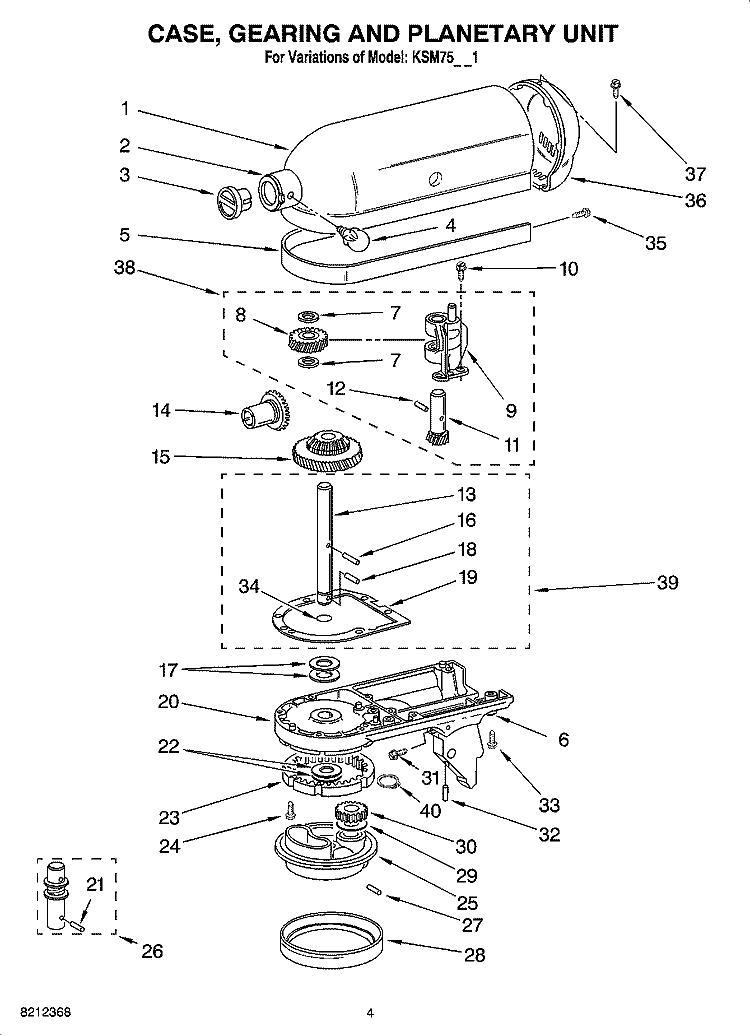 CASE, GEARING AND PLANETARY UNIT Diagram and Parts List for KSM75WH1  KitchenAid Mixer