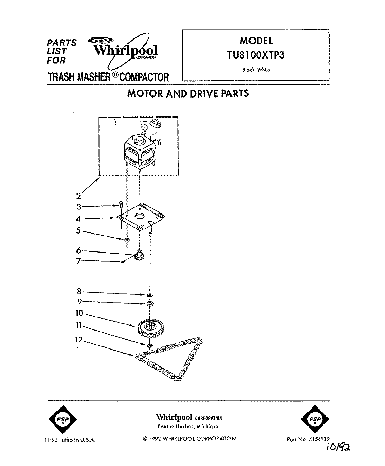 MOTOR AND DRIVE, LIT/OPTIONAL Diagram and Parts List for TU8100XTP3  Whirlpool Trash Compactor