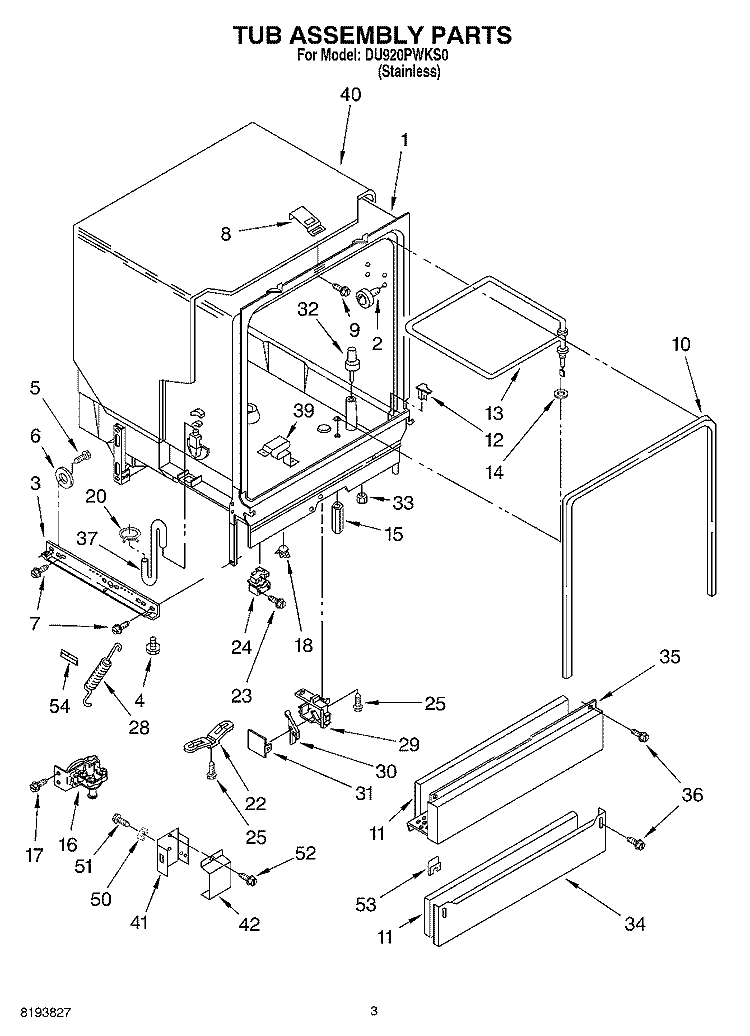 TUB ASSEMBLY PARTS Diagram and Parts List for DU920PWKS0  Whirlpool Dishwasher