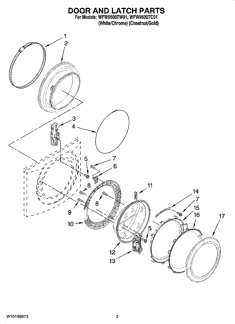DOOR AND LATCH PARTS Diagram and Parts List for WFW9500TC01  Whirlpool Washer