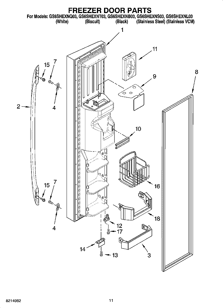 FREEZER DOOR PARTS Diagram and Parts List for GS6SHEXNT03  Whirlpool Refrigerator