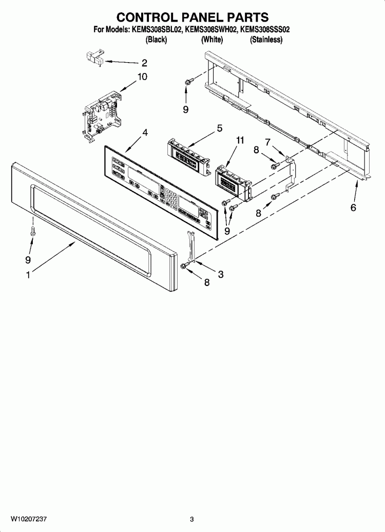 CONTROL PANEL PARTS Diagram and Parts List for KEMS308SSS02  KitchenAid Microwave Oven Combo