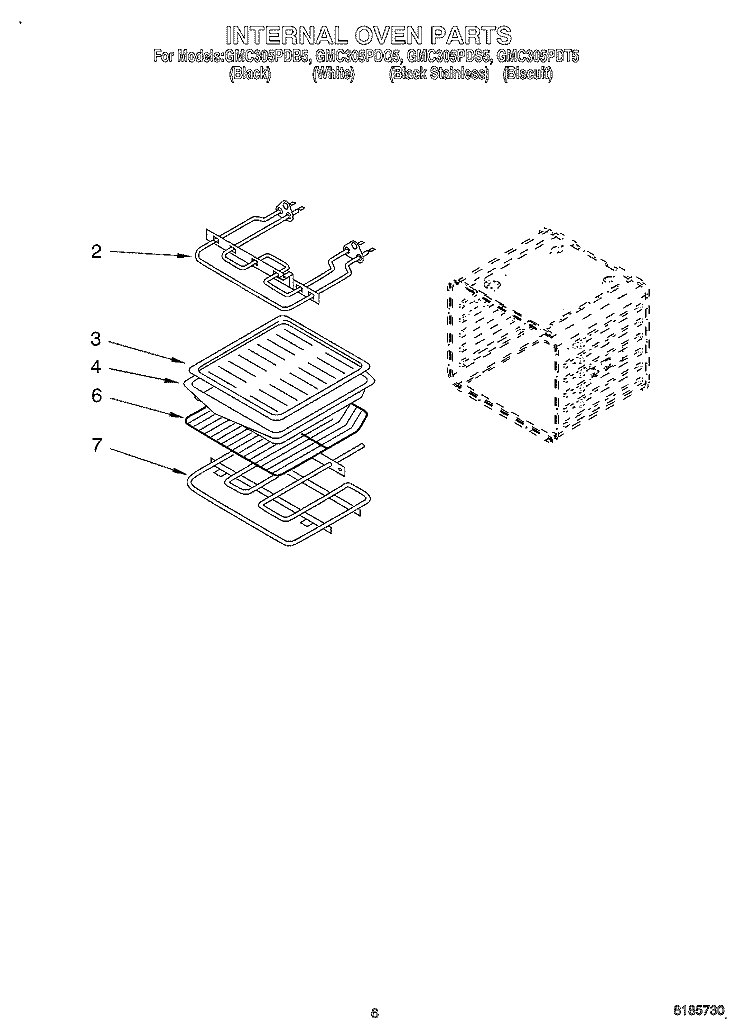 INTERNAL OVEN Diagram and Parts List for GMC305PDS5  Whirlpool Microwave Oven Combo