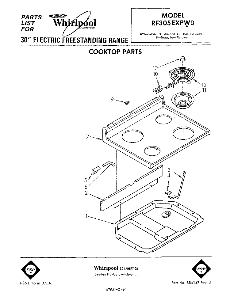 COOKTOP Diagram and Parts List for RF305EXPW0  Whirlpool Range