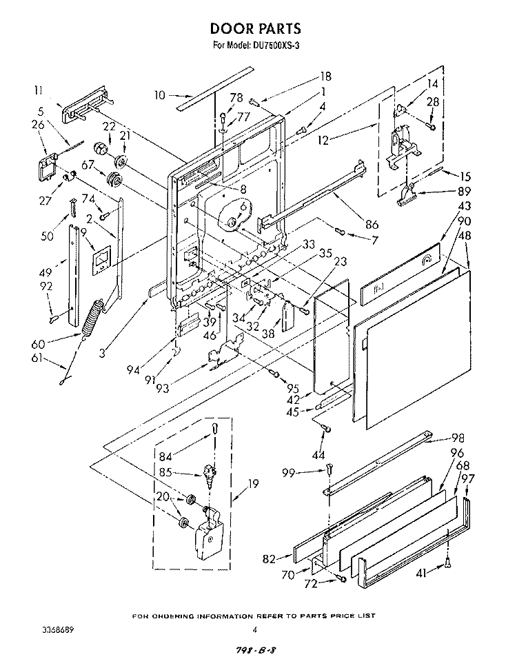 DOOR Diagram and Parts List for DU7600XS3  Whirlpool Dishwasher