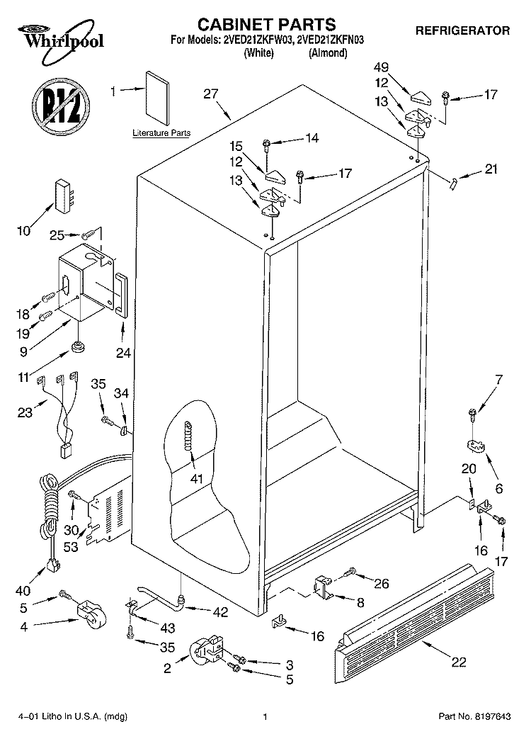 CABINET, LITERATURE Diagram and Parts List for 2VED21ZKFN03  Whirlpool Refrigerator