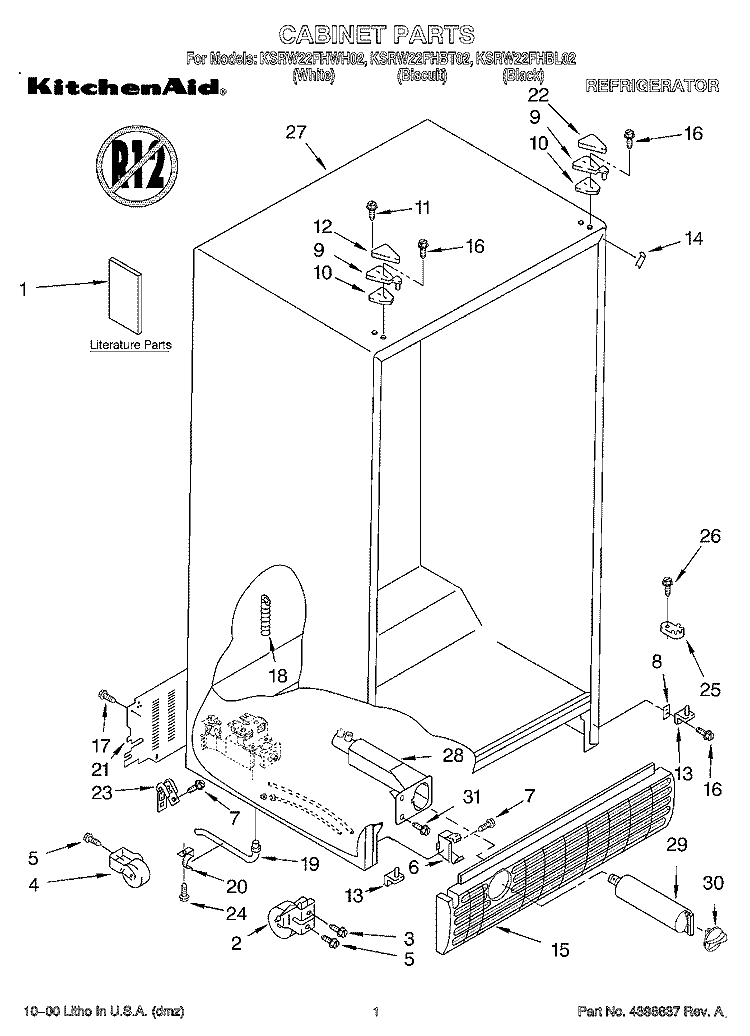 CABINET, LITERATURE Diagram and Parts List for KSRW22FHBT02  KitchenAid Refrigerator