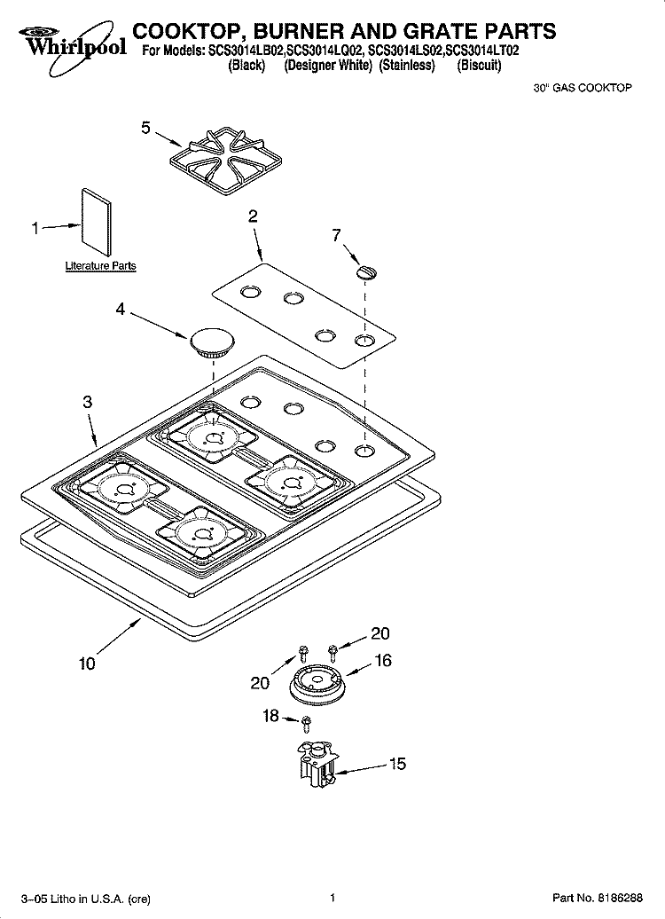COOKTOP, BURNER AND GRATE PARTS Diagram and Parts List for SCS3014LB02  Whirlpool Cooktop