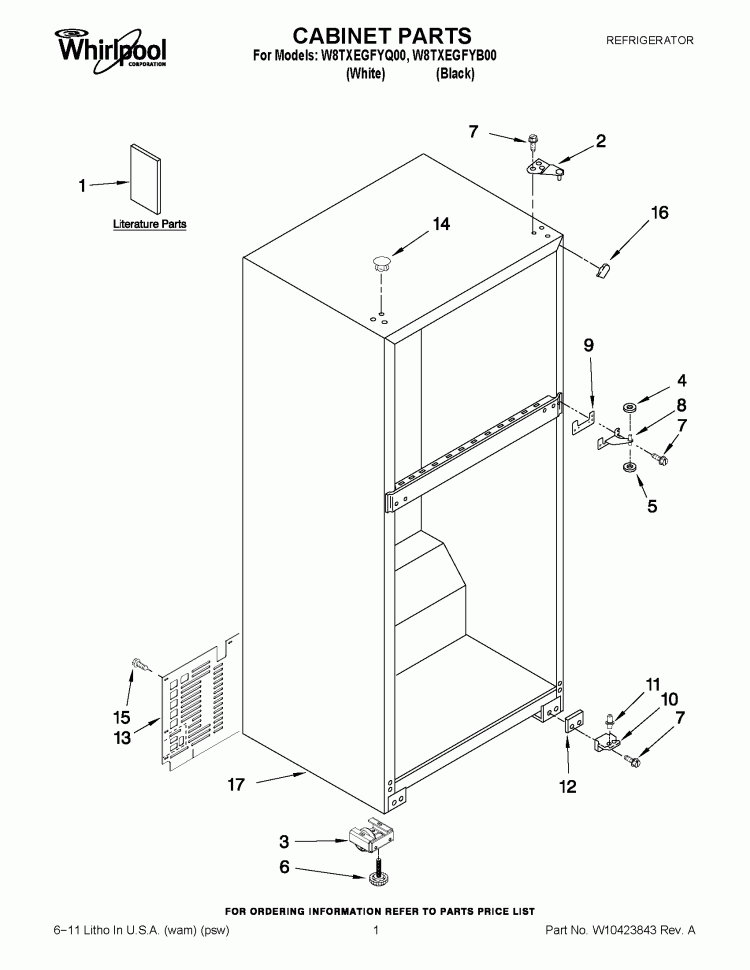 CABINET PARTS Diagram and Parts List for W8TXEGFYQ00  Whirlpool Refrigerator