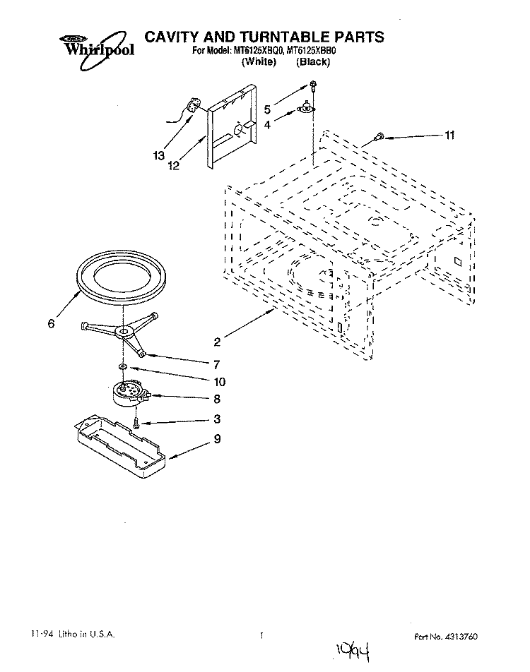 CAVITY AND TURNTABLE, LIT/OPTIONAL Diagram and Parts List for MT6125XBB0  Whirlpool Microwave