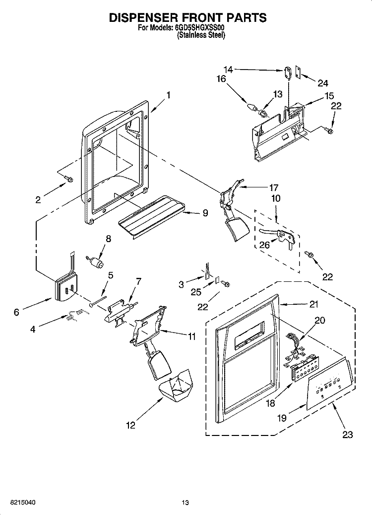 DISPENSER FRONT PARTS Diagram and Parts List for 6GD5SHGXSS00  Whirlpool Refrigerator