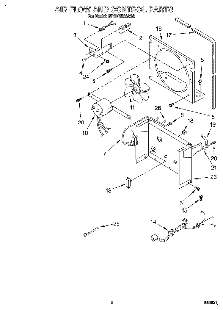 AIR FLOW AND CONTROL Diagram and Parts List for BPDH2500AS0  KitchenAid Dehumidifier