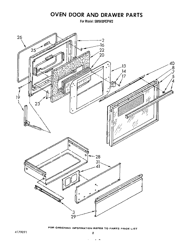 OVEN DOOR AND DRAWER Diagram and Parts List for SM988PEPW2  Whirlpool Range