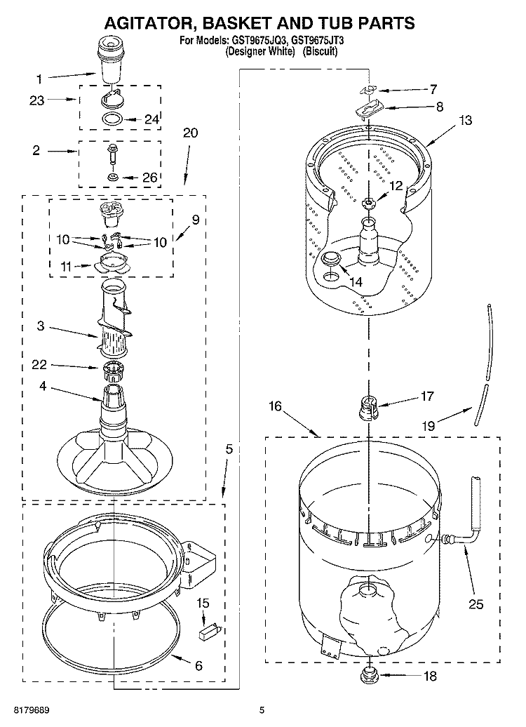 AGITATOR, BASKET AND TUB Diagram and Parts List for GST9675JQ3  Whirlpool Washer