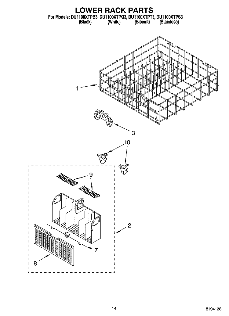 LOWER RACK PARTS, OPTIONAL PARTS (NOT INCLUDED) Diagram and Parts List for DU1100XTPB3  Whirlpool Dishwasher