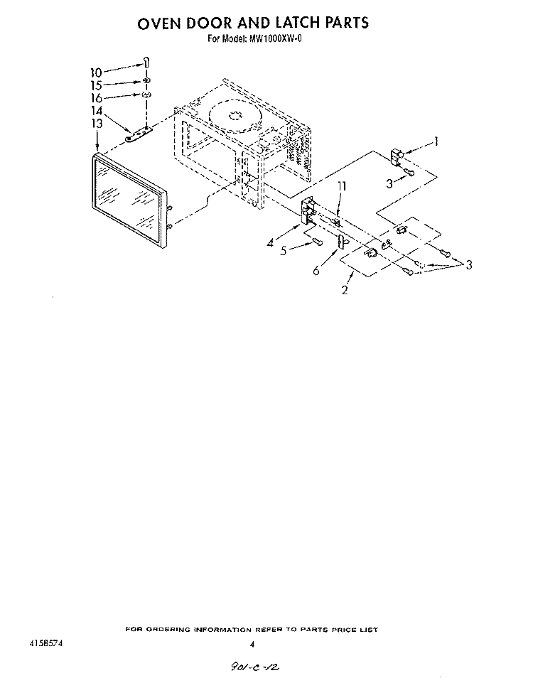 OVEN DOOR AND LATCH Diagram and Parts List for MW1000XW0  Whirlpool Microwave