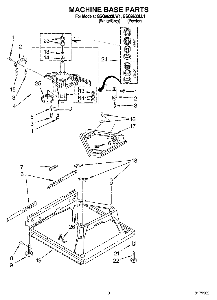 MACHINE BASE PARTS Diagram and Parts List for GSQ9633LL1  Whirlpool Washer