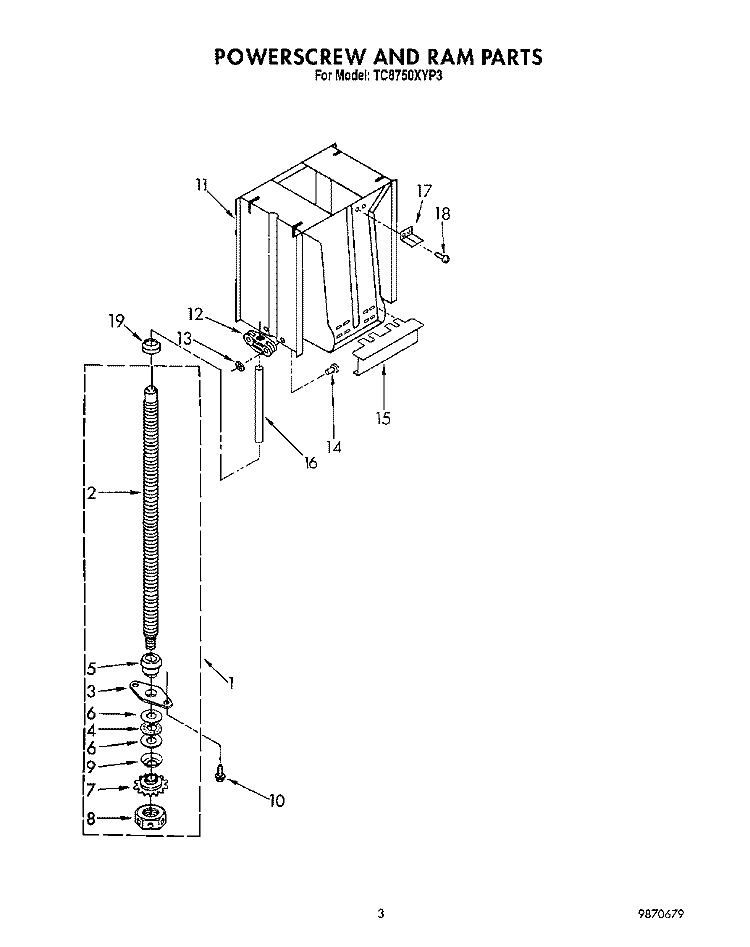 POWERSCREW AND RAM Diagram and Parts List for TC8750XYP3  Whirlpool Trash Compactor