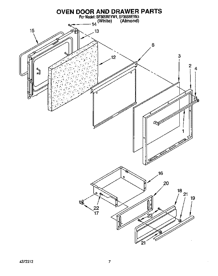 OVEN DOOR AND DRAWER Diagram and Parts List for SF365BEYW1  Whirlpool Range