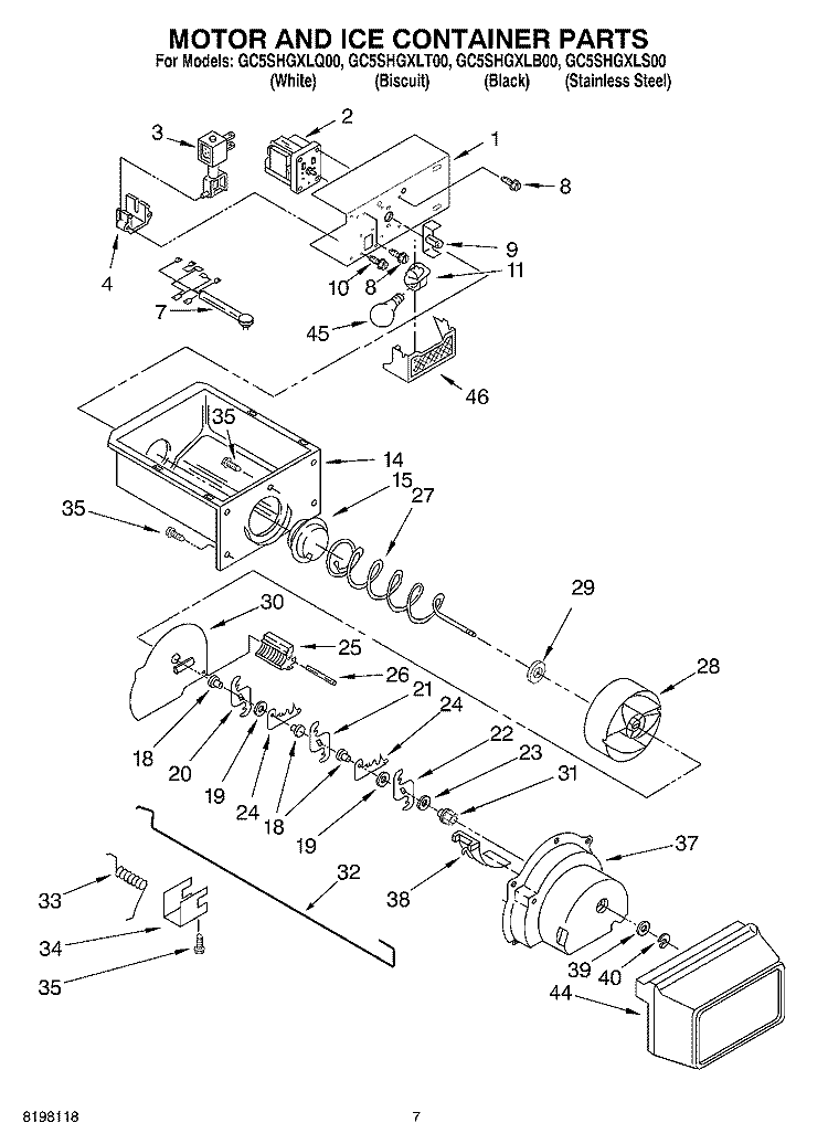 MOTOR AND ICE CONTAINER Diagram and Parts List for GC5SHGXLB00  Whirlpool Refrigerator