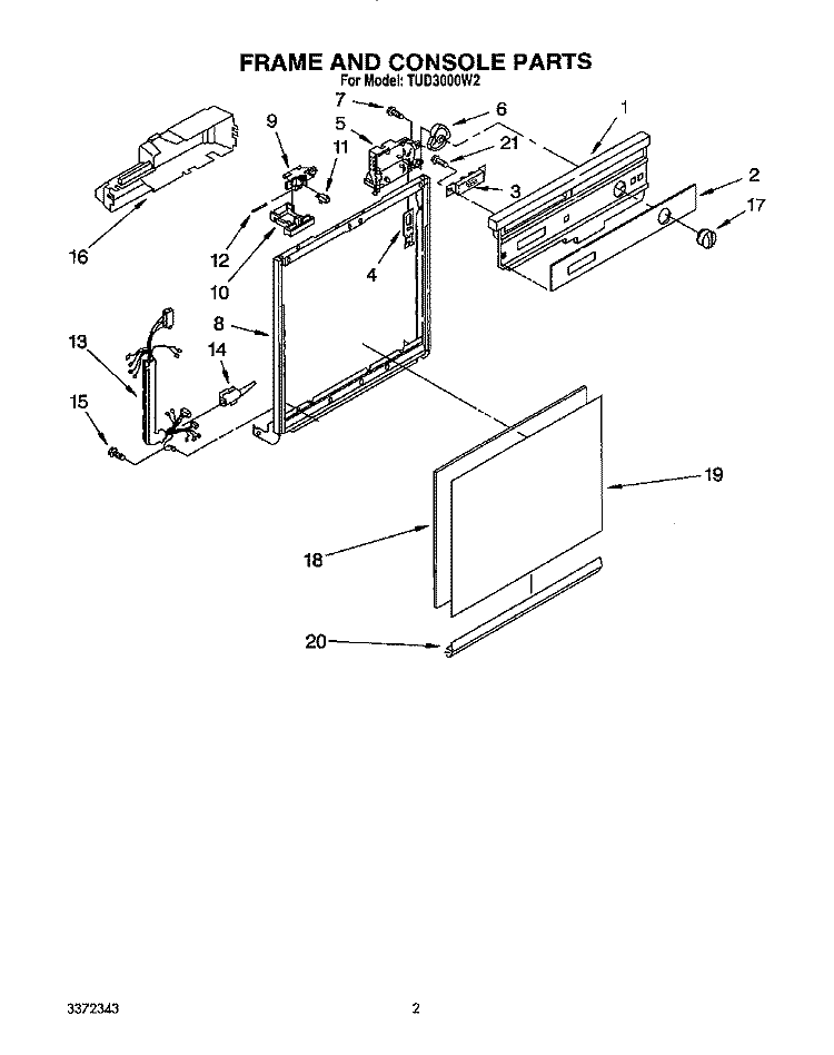 FRAME AND CONSOLE Diagram and Parts List for TUD3000W2  Whirlpool Dishwasher