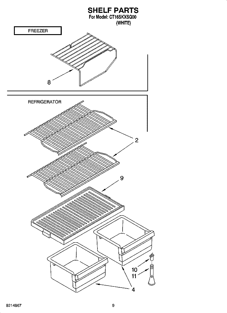 SHELF PARTS, OPTIONAL PARTS Diagram and Parts List for CT16SKXSQ00  Crosley Refrigerator
