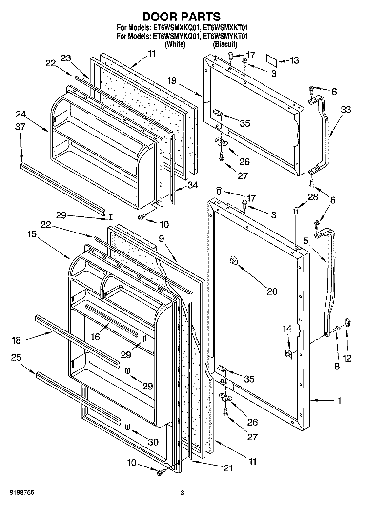 DOOR PARTS Diagram and Parts List for ET6WSMYKT01  Whirlpool Refrigerator