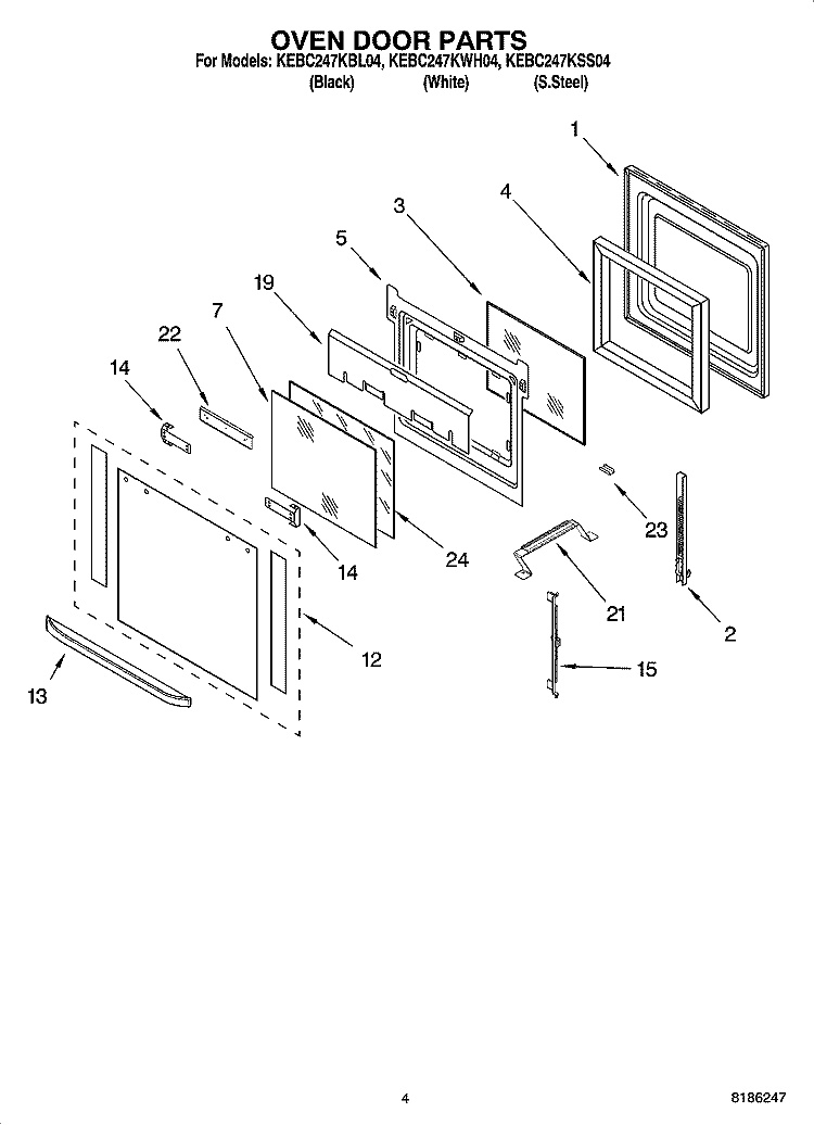 OVEN DOOR PARTS Diagram and Parts List for KEBC247KBL04  KitchenAid Wall Oven