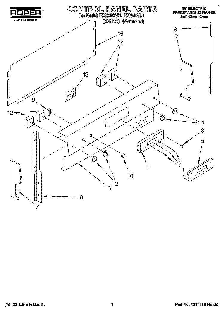 CONTROL PANEL, LITERATURE Diagram and Parts List for FES340VW1  Roper Range