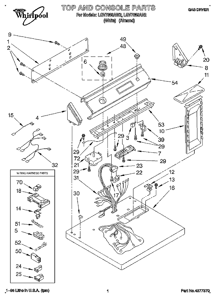 TOP AND CONSOLE, LIT/OPTIONAL Diagram and Parts List for LGV7858AN2  Whirlpool Dryer